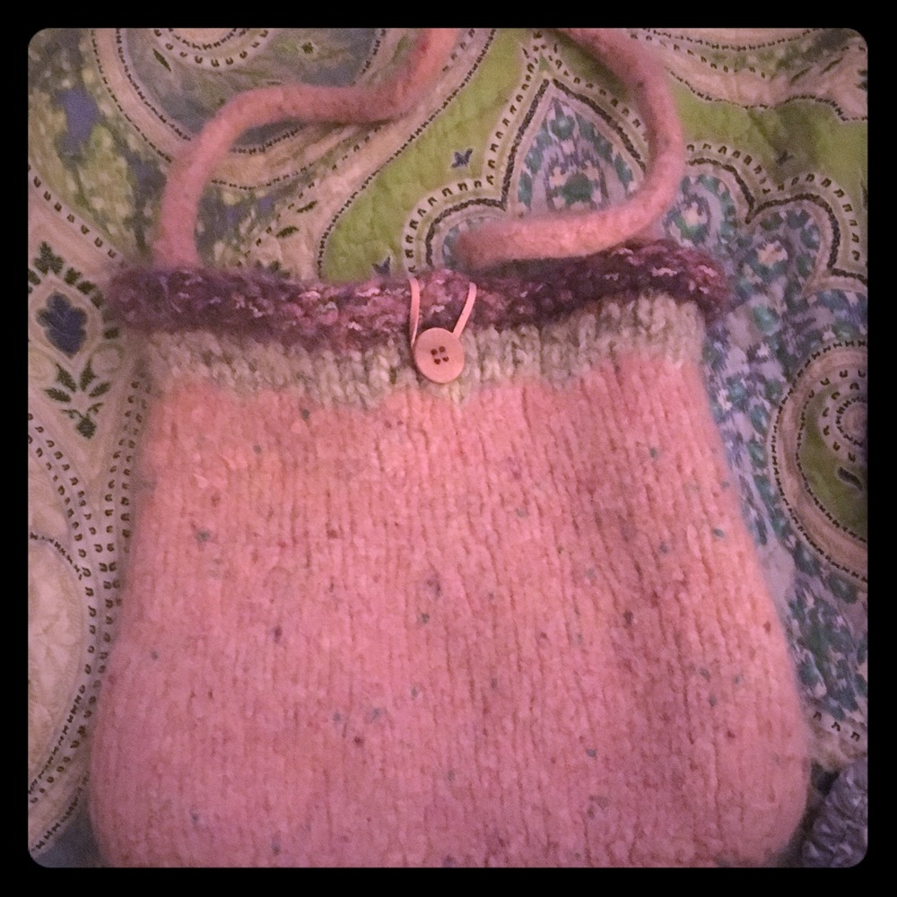 Pink purple and green felted purse w button